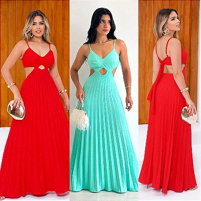 Vestido Longo Plissado Vazado