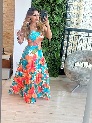 Vestido Longo Estampado Vazado