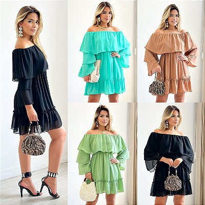 Vestido Curto Manga Longa De Babado