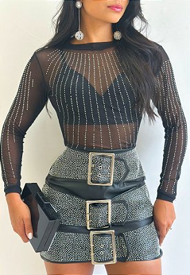 Body Tule Pedraria Manga Longa