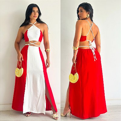 Vestido Longo Bicolor Vazado