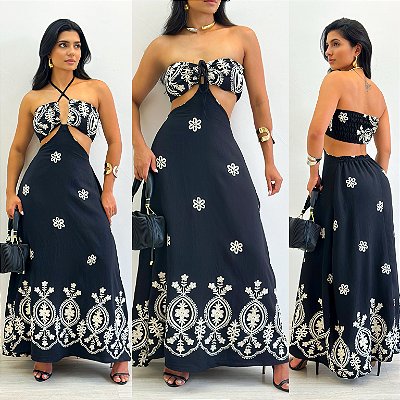Vestido Longo De Amarração Bordado