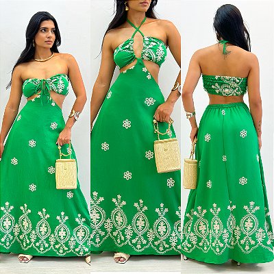 Vestido Longo De Amarração Bordado