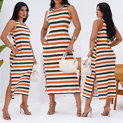 Vestido Midi Com Fenda Listrado