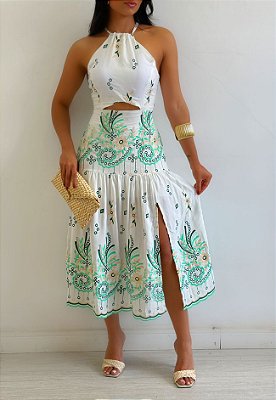 Vestido Midi Bordado Com Fenda