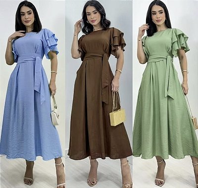 Vestido Midi Manga  De Babado C/ Cinto Faixa