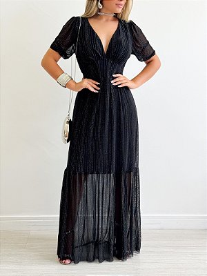Vestido Longo De Lurex Com Manga