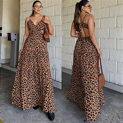 Vestido Longo Estampado De Onça