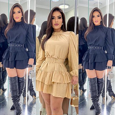 Vestido Curto De Manga Longa C/ Cinto