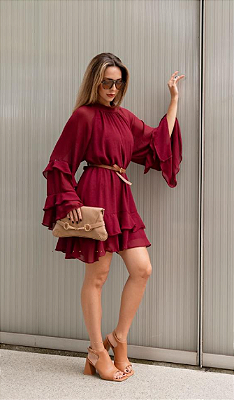 Vestido Curto Manga Flare Boho