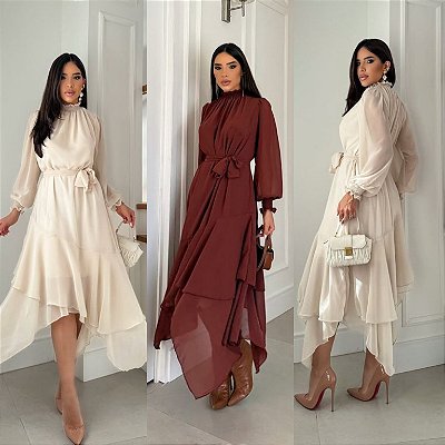 Vestido Longo Manga Longa de Gola