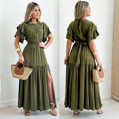 Vestido Longo De Manga C/ Fenda