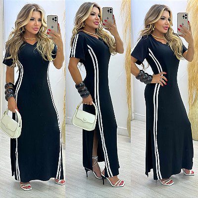 Vestido Longo De Manga Curto Listrado