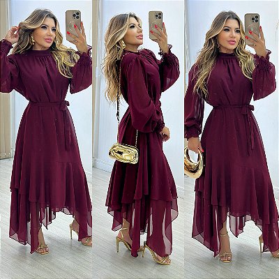 Vestido Longo Manga Longa De Gola