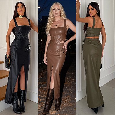 Conjunto Saia & Cropped De Couro Eco