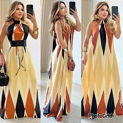 Vestido Longo De Gola Estampado