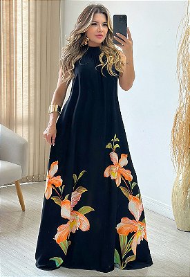 Vestido Longo De Gola Estampado