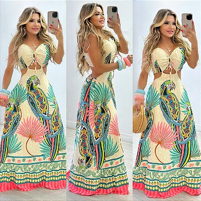 Vestido Longo Estampado Vazado