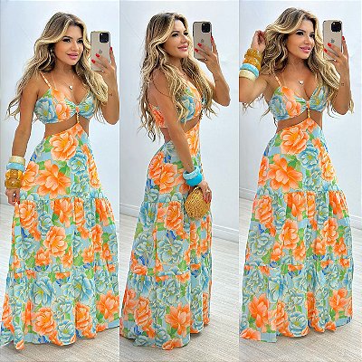 Vestido Longo Estampado Vazado
