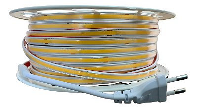 FITA DE LED COB 110V BRANCO QUENTE (3000K) 3528 320LED + IP67 + 100M (TOMADA)