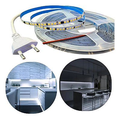 FITA DE LED 110V BRANCO FRIO (6500K) 3528 240LED + IP20 + 10M (TOMADA)