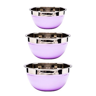 JOGO DE 3 BOWLS PRATEADOS COM LILAS EM INOX