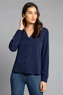 Camisa Azul Lisa em Tecido Poliester com Botões