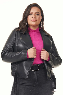 Jaqueta Preta em PU Com Zíper Frontal E Detalhe De Cinto Plus Size