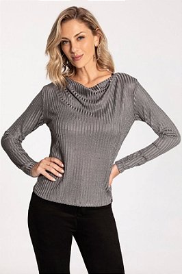 Blusa Manga Longa Canelada Cor Prata