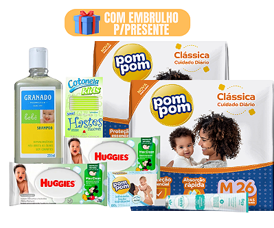 Kit Presente Chá De Bebê Huggies Lenço Umedecido Shampoo Fralda Com Embrulho