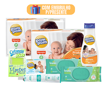 Kit Presente Chá De Bebê Huggies e Pompom Lenço Umedecido Shampoo Com Embrulho