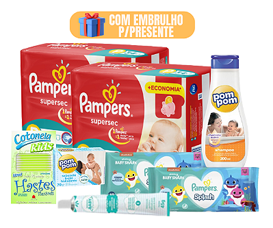 Kit Higiene Premium Bebê Pampers e Pompom Lenço Umedecido Shampoo Com Embrulho