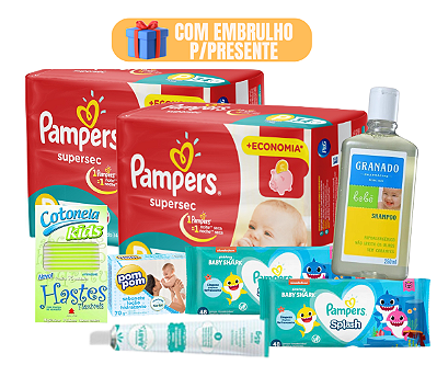Kit Higiene Premium Bebê Pampers e Granado Lenço Umedecido Shampoo Com Embrulho