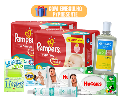 Kit Chá de Bebê Premium 2 Pampers e Granado Lenço Umedecido Shampoo Com Embrulho