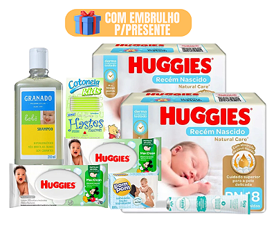 Kit Presente Chá De Bebê Lenço Umedecido Shampoo Granado E Fraldas Huggies Com Embrulho