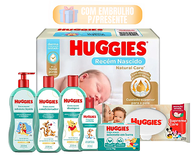 Fralda Huggies +  Lenço Huggies 32 Un + Shampoo + Condicionador + Sabonete Liquido + Colonia + sabonete