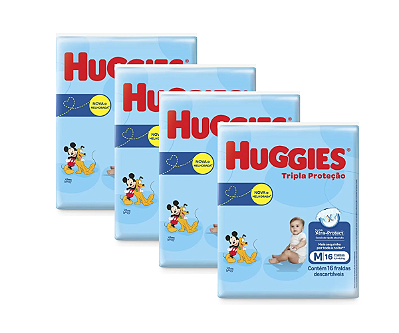 Kit 4 Fraldas Huggies Tripla Proteçao Tamanho M com 16 Unidades cada