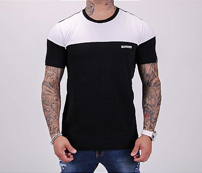 camiseta masculina santoyo preta c/ branco manga curta