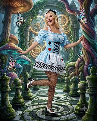 Fantasia Alice no País das Maravilhas Plus Size Adulto - SOMENTE ALUGUEL