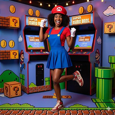 Fantasia Mario Feminina Plissada Adulto - SOMENTE ALUGUEL