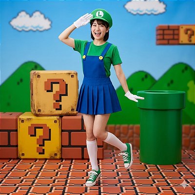 Fantasia Luigi Feminina Plissada Adulto - SOMENTE ALUGUEL