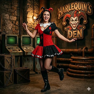 Fantasia Arlequina Vestido Retrô Adulto - SOMENTE ALUGUEL