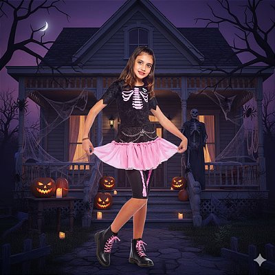 Fantasia Bruxa Pink Esqueleto Juvenil - SOMENTE ALUGUEL