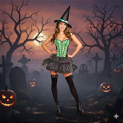 Fantasia Bruxa Gatinha Neon Adulto - SOMENTE ALUGUEL