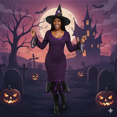 Fantasia Bruxa Plissada Adulto - SOMENTE ALUGUEL