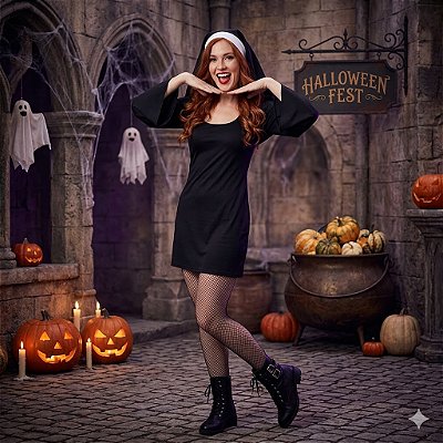 Fantasia Freira Curta Adulto - SOMENTE ALUGUEL