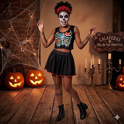 Fantasia Caveira Mexicana Conjunto Adulto - SOMENTE ALUGUEL