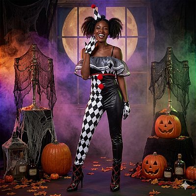 Fantasia Palhaça Assassina Macacão Adulto - SOMENTE ALUGUEL