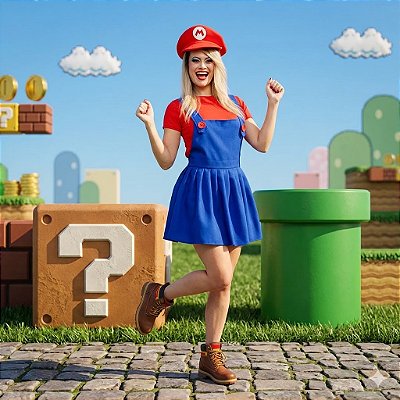 Fantasia Mario Feminina Jardineira Adulto - SOMENTE ALUGUEL