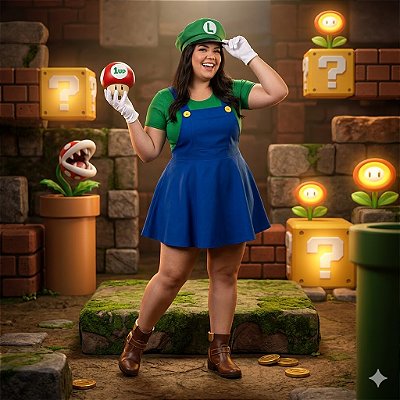 Fantasia Luigi Feminina Jardineira Adulto - SOMENTE ALUGUEL